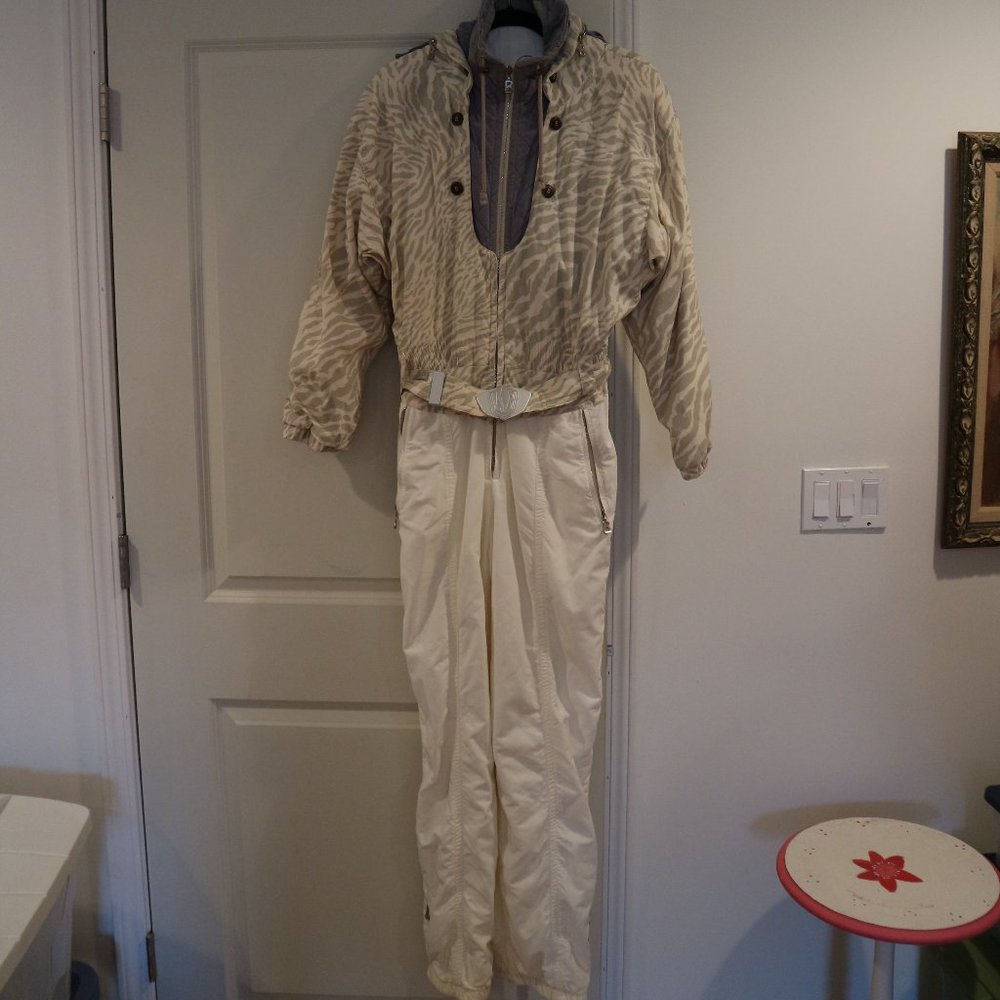 Bogner Beige Zebra-Print Ski Jacket and Cream Snow Pants